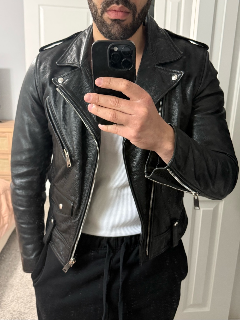Sandro Black Leather Bomber-Style Moto Jacket